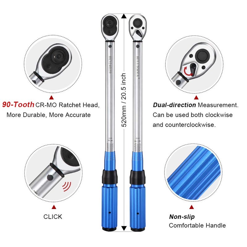 BULLTOOLS 1/2-inch Drive Click Torque Wrench Set Dual-Direction Adjustable 90-tooth Torque Wrench with Buckleï¼ˆ10-160ft.lb / 10-220Nmï¼‰ - Image 2